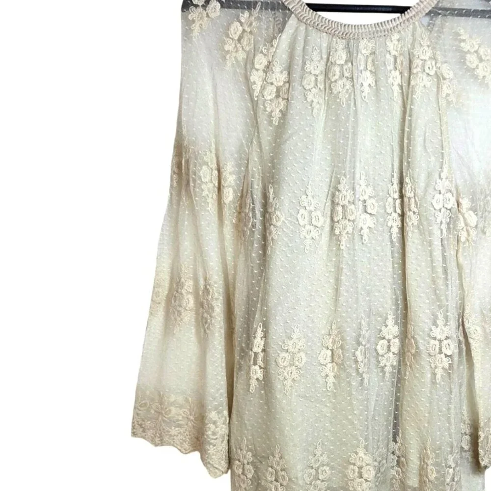 Contrast Cream Floral Embroidery Lace Long Sleeve Boho Cowgirl Mini Dress Medium - Picture 4 of 6